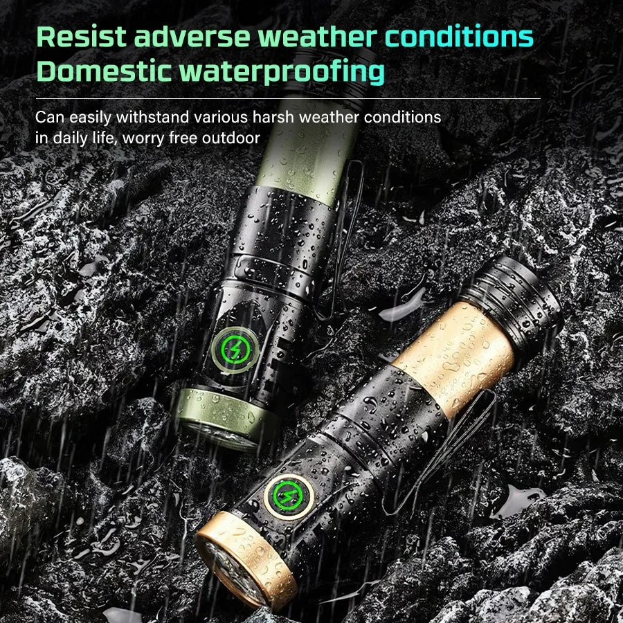 Rechargeable LED Flashlight Powerful Torch with Side Light Power Bank Zoom Emergency Lamp Outdoor Strong Light Camping Lantern