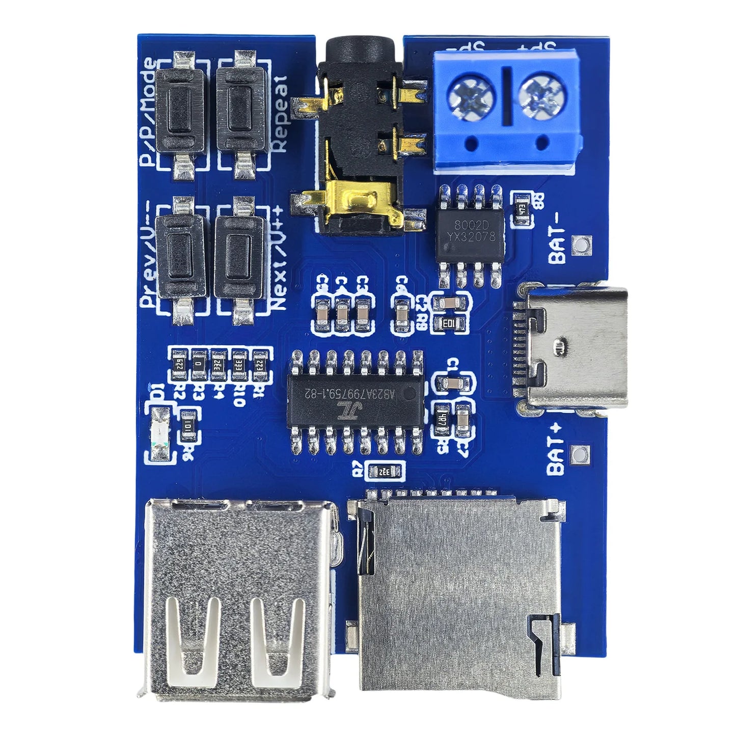 TF Card and USB MP3 Decoder Player Module with Amplifier, 3.7-5.5V Power, Micro USB/Type-C Input