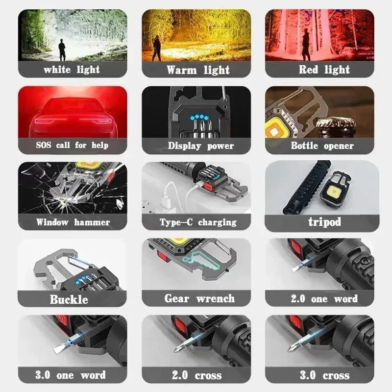 Mini Multifunctional Keychain LED Flashlight USB Rechargeable Portable Flashlight Outdoor Camping Torch Emergency Lantern 500Mah