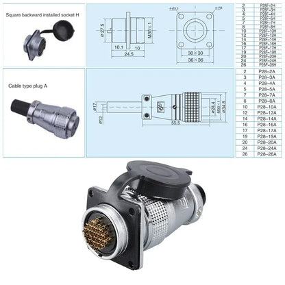 P28 Aviation Connector Square Flange Socket Male Female Circular Butt Joint 2/3/4/5/7/10/12/14/16/19/20/24 Pin P28K2Q PLS28