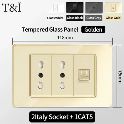 118-Style EU/CL Dual Socket with USB-C PD 20W Tempered Glass Italy & Chile Outlet for Home Office