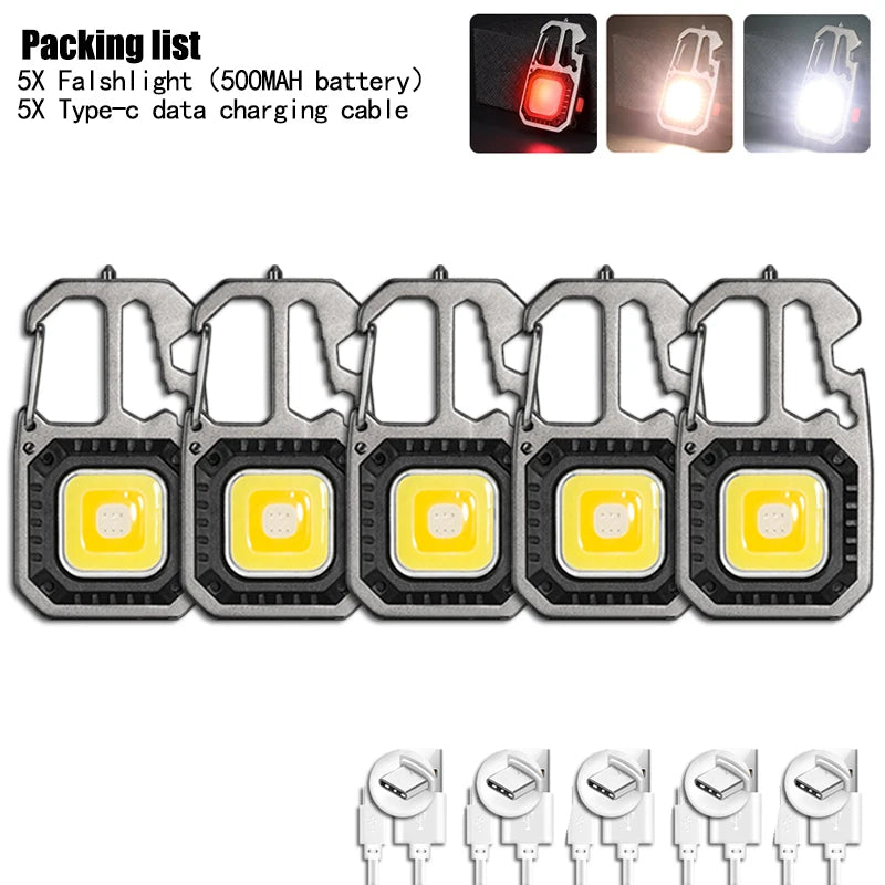 Mini Multifunctional Keychain LED Flashlight USB Rechargeable Portable Flashlight Outdoor Camping Torch Emergency Lantern 500Mah