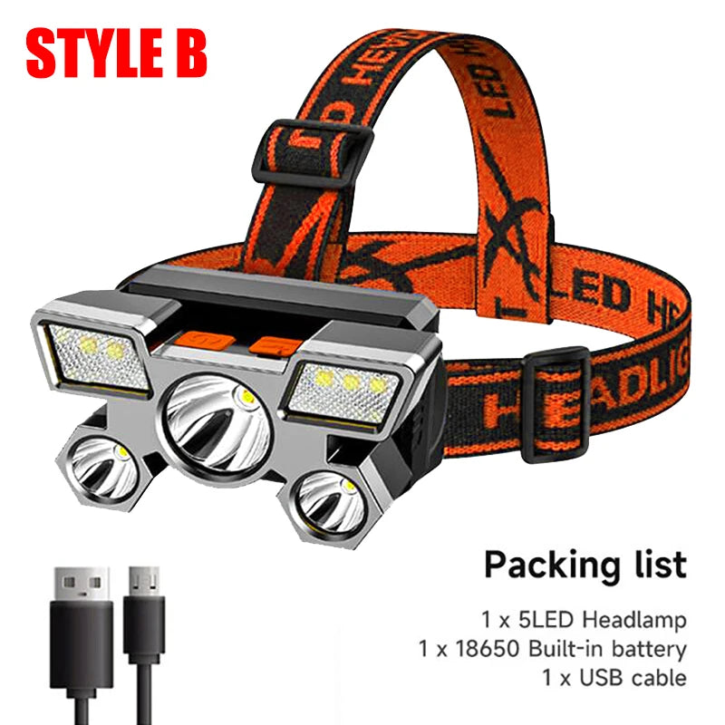 5 LED Rechargeable Headlamp with 18650 Battery Strong Light Headlight