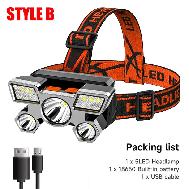 5 LED Rechargeable Headlamp with 18650 Battery Strong Light Headlight