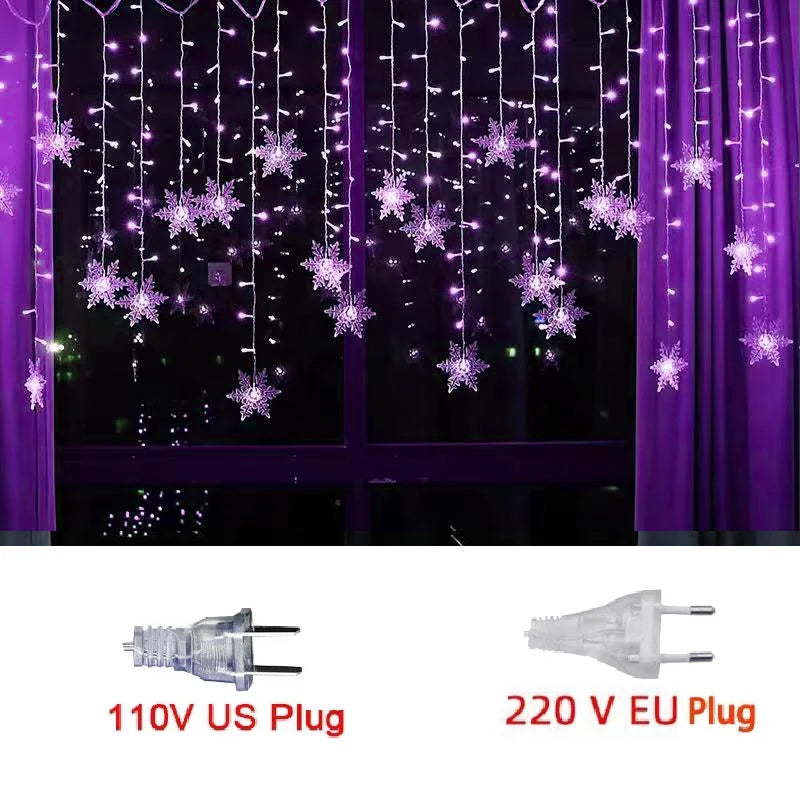 2026 Xmas Wedding Party Decoration 3.2M Christmas Snowflakes LED String Lights Flashing Fairy Curtain Waterproof