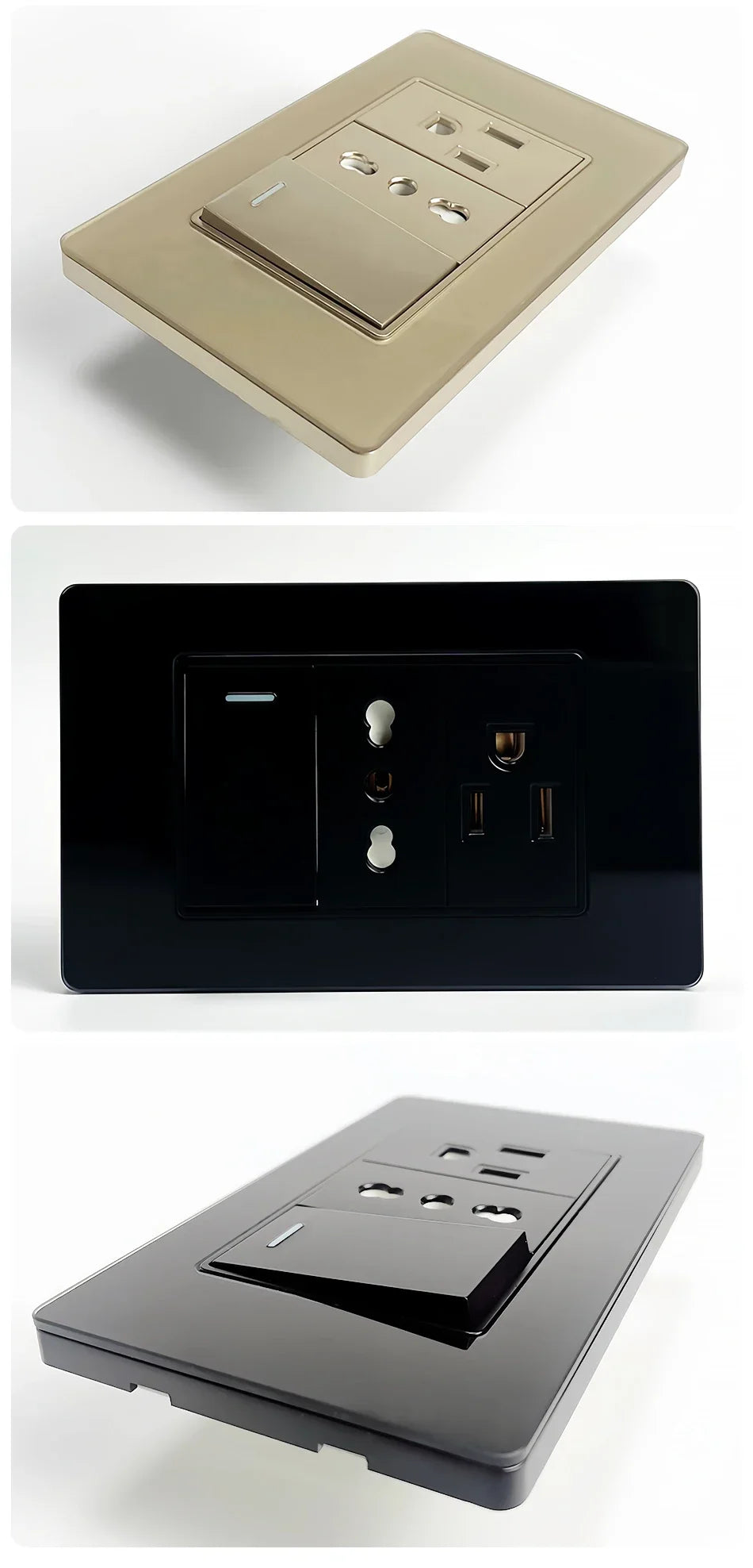 118x75mm Type-C Fast Charging Wall Socket Italy & Chile Schuko Outlet Tempered Glass Panel Type Switch