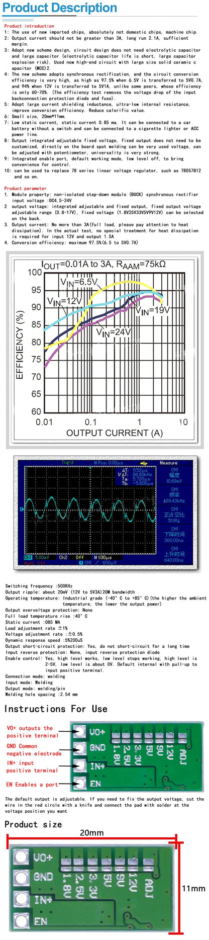 Ultra-Small Size DC-DC Step Down Power Supply Module 3A Buck Converter Adjustable 1.8V 2.5V 3.3V 5V 9V 12V