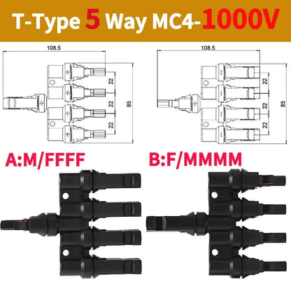 PV T Branch Photovoltaic Solar Connector 1000V 30A Male Female 1 to 2 3 4 5 6 PV Plug 2 3 4 5 6IN 1OUT Adapter