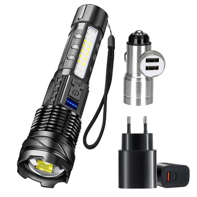 High Power LED Flashlight 18650 Built-in Battery Type-c Rechargeable Strong Light Tactical Torch Outdoor Camping Hiking Lamp