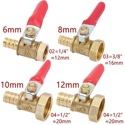 Brass Barbed Ball Valve with Female Thread Hose Barb 6–12mm to 1/8 1/4 1/2 Inch Pipe Connector for Water Air Gas Plumbing System