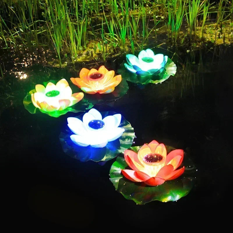 Solar Operated LED Floating Lotus Light Waterproof Artificial Flower Night Lamp for Pond Pool Garden Fish Tank Water Decor