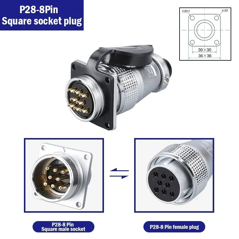 P28 Aviation Connector Square Flange Socket Male Female Circular Butt Joint 2/3/4/5/7/10/12/14/16/19/20/24 Pin P28K2Q PLS28
