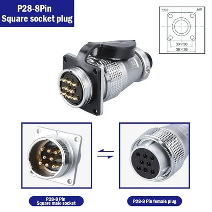 P28 Aviation Connector Square Flange Socket Male Female Circular Butt Joint 2/3/4/5/7/10/12/14/16/19/20/24 Pin P28K2Q PLS28
