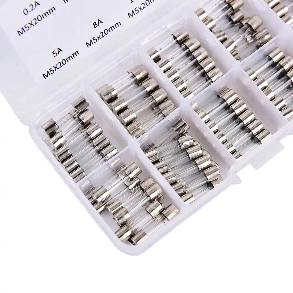 100pcs Insurance Tube Glass Fuses Kit Household 0.2A-20A 100pcs 16*12*2.1cm 250V High Quality Standard Fast Blow