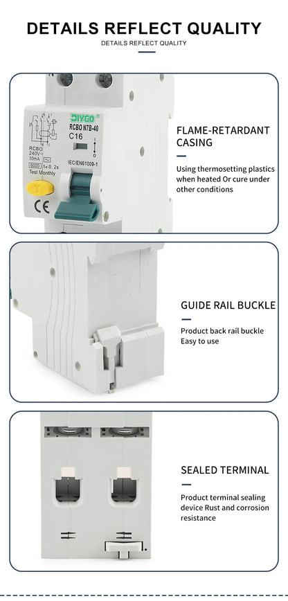 RCBO Electro-Magnetic Type Residual Current Circuit Breaker 2P 1P+N, Overcurrent and Leakage Protection 50/60Hz