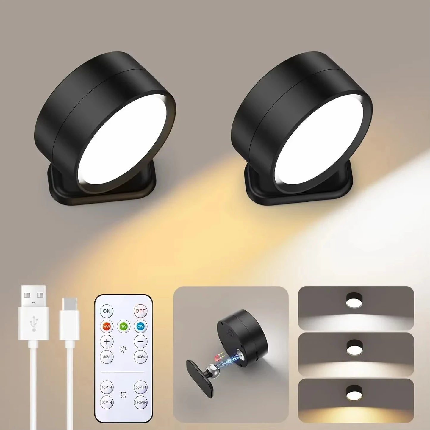LED Wall Mounted Lights with Remote Wireless Magnetic Wall Sconces 3 Color Dimmable USB Rechargeable for Bedroom Bedside Light