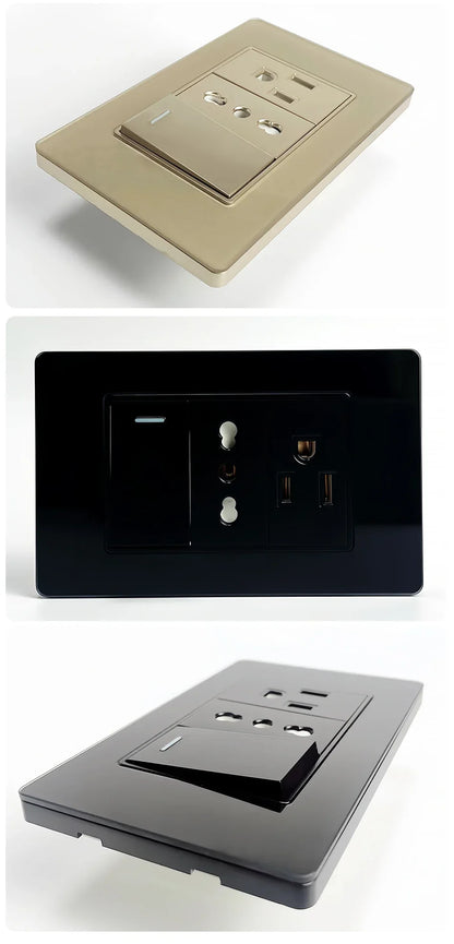 118x75mm Tempered Glass US Thai Socket Dual USB-C Ports 2 AC Outlets 110V Scratch-Resistant Panel