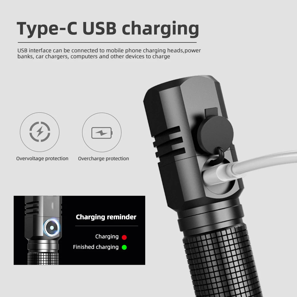 Super Bright Mini LED Flashlight USB Rechargeable Zoom Tactical Flashlight 3 Lighting Mode Outdoor Camping Fishing Torch