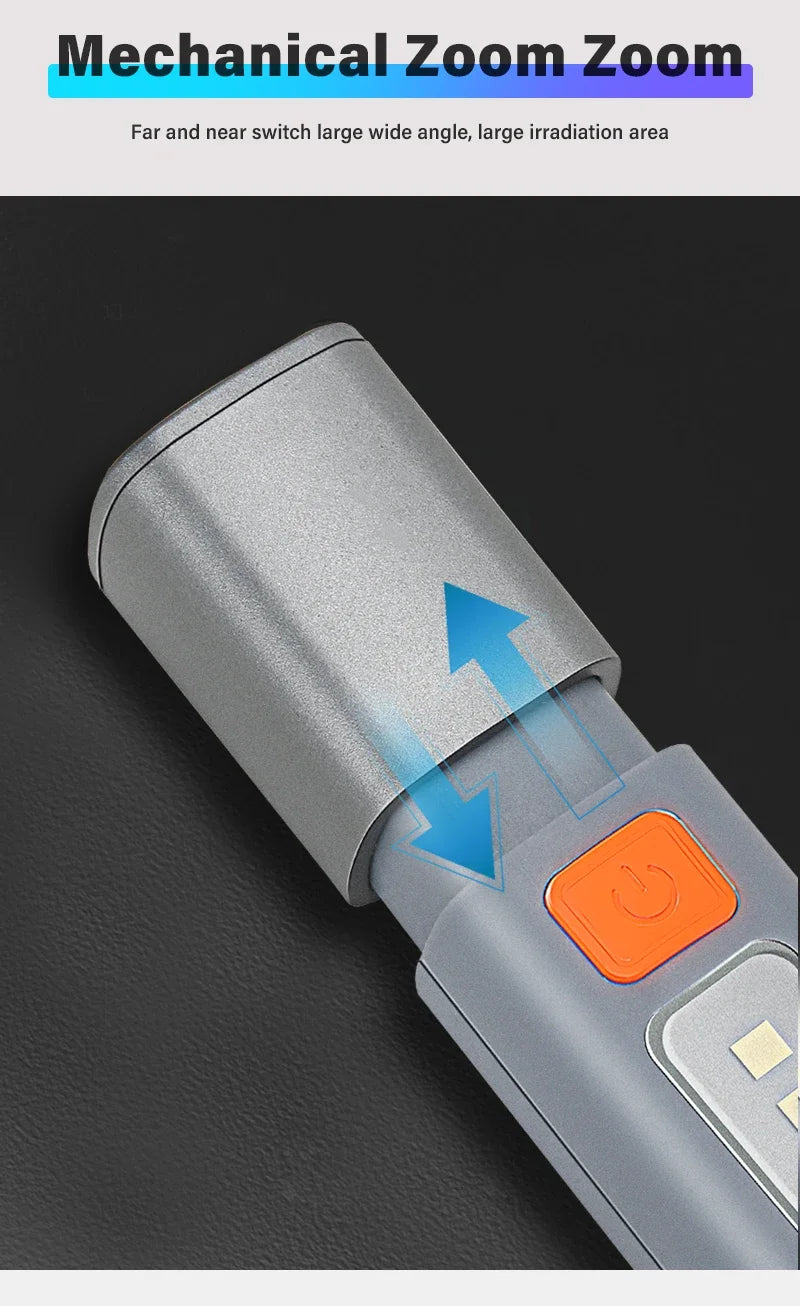 Portable Strong Light LED Zoom Flashlamp Built-in Battery USB Rechargeable with Hook Camping Hanging Lamp COB Side Lamp
