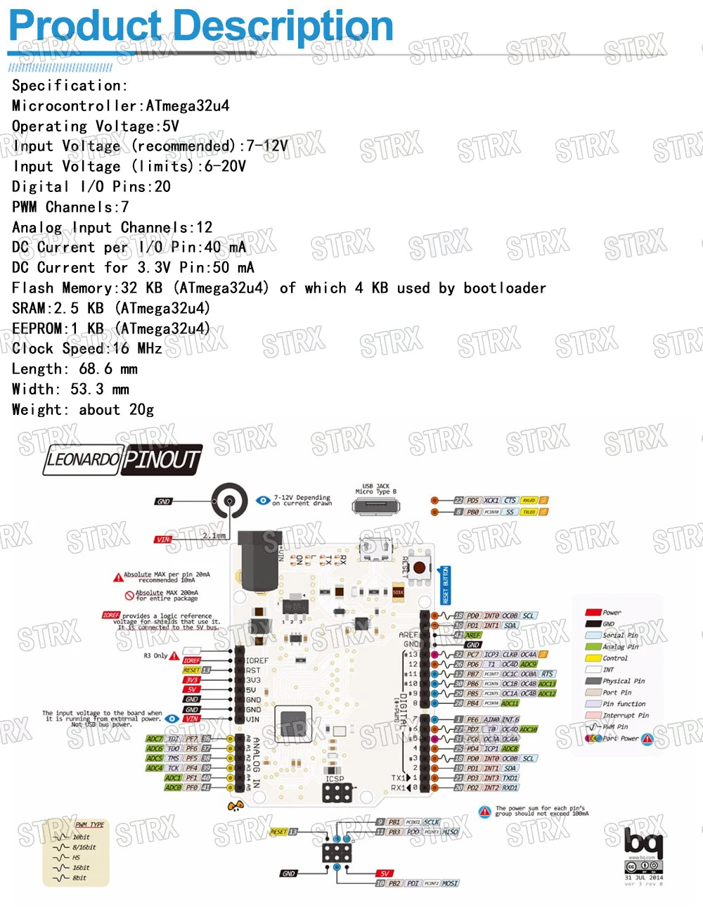 Leonardo R3 Atmega32u4 Microcontroller Development Board with USB Cable Compatible with Arduino DIY Starter Kit