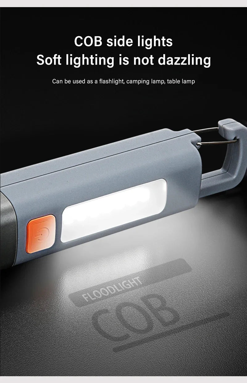 Portable Strong Light LED Zoom Flashlamp Built-in Battery USB Rechargeable with Hook Camping Hanging Lamp COB Side Lamp