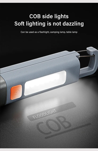 Portable Strong Light LED Zoom Flashlamp Built-in Battery USB Rechargeable with Hook Camping Hanging Lamp COB Side Lamp