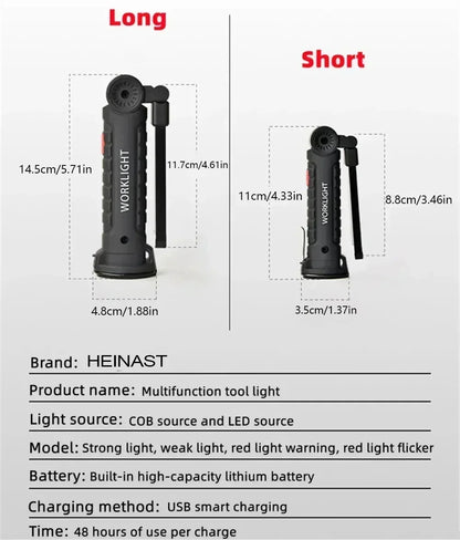 Folding COB XPE LED Work Light Flashlight USB Rechargeable Torch Magnetic Base & Hook, Emergency Car Inspection Lamp Red SOS