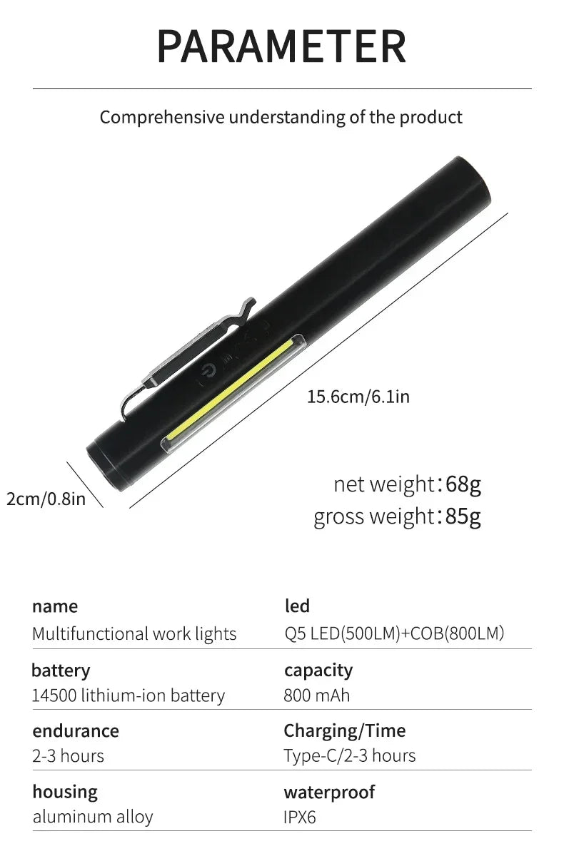 Portable UV LED Pen Light USB Rechargeable Work Lantern with Magnet