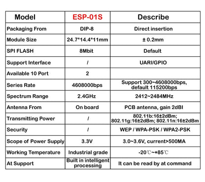ESP01 ESP-01S 3.3V Wireless WiFi Module ESP8266 Serial Transceiver Board for Arduino Projects