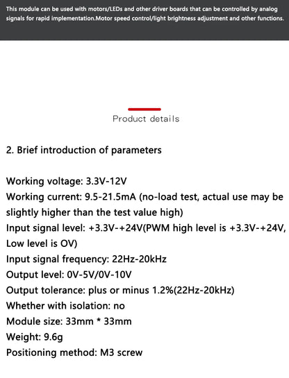 PWM to Voltage Converter Module 0–100% Duty Cycle to 0–5V/0–10V Output