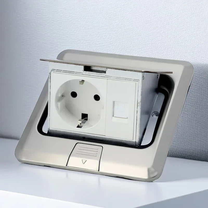 Floor Electrical Outlet Pop Up Kitchen Countertop Waterproof Sockets Pop Out Receptacle Stainless Steel Box Golden Cover 15A