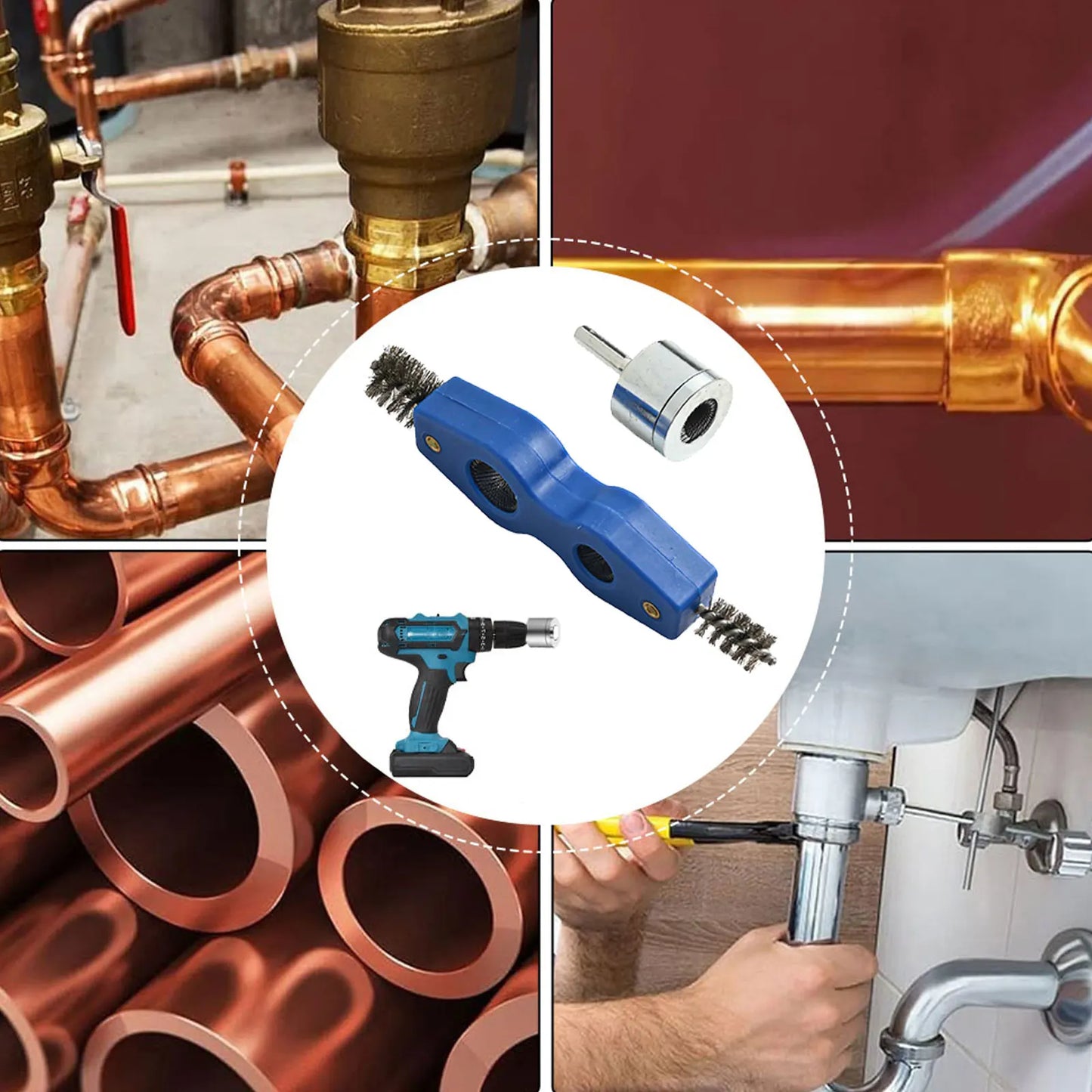 4-in-1 Battery Brush Copper Pipe Cleaner Welding Preparation High Torque Resistance Interchangeable Brush Heads For Copper Pipes