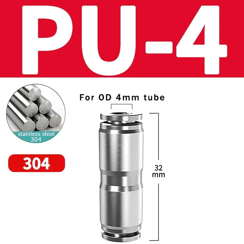 304 Stainless Steel Pneumatic Quick Connect Fitting PG PU 4/6/8/10mm Air Compressor Gas Pipe Hydraulic Plug-In