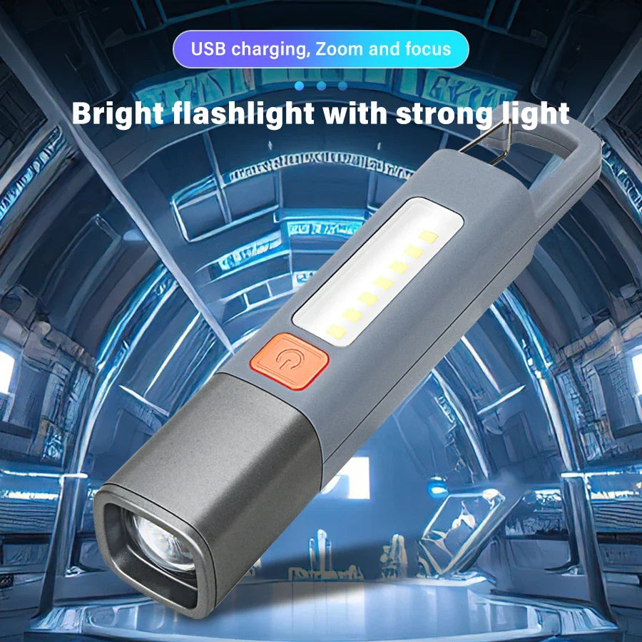Portable Strong Light LED Zoom Flashlamp Built-in Battery USB Rechargeable with Hook Camping Hanging Lamp COB Side Lamp