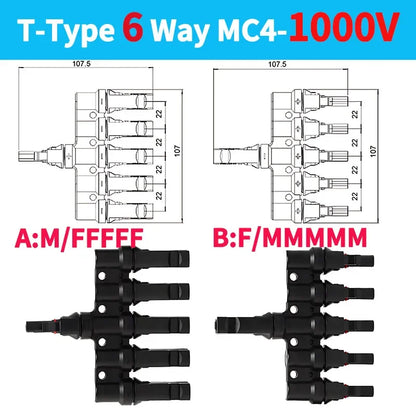 PV T Branch Photovoltaic Solar Connector 1000V 30A Male Female 1 to 2 3 4 5 6 PV Plug 2 3 4 5 6IN 1OUT Adapter