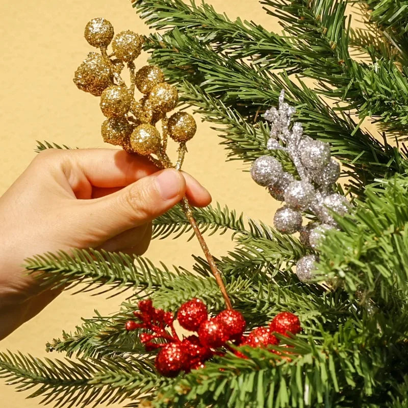 Christmas Artificial Berries Branch Glitter Red Holly Berry Flowers Bouquet Fake Plants New Year Party Festival Home Decoration