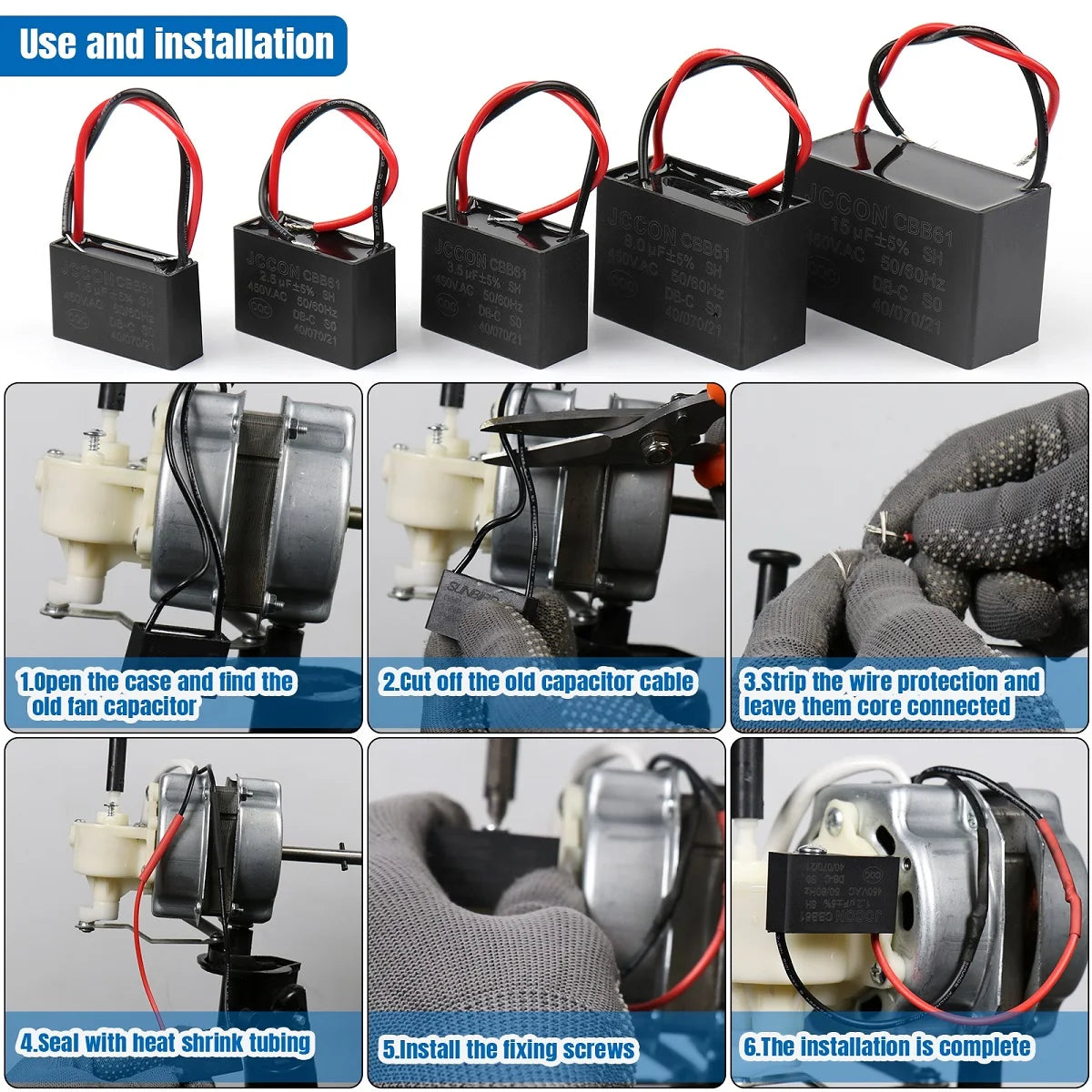 CBB61 Fan Start Capacitor for Ceiling and Table Fans, Motor Terminal Capacitor 1uF–4.5uF 450V