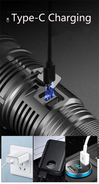 Powerful LED Flashlight GT60 High Power Tactical Zoomable Torch USB Rechargeable Outdoor Camping Lantern with Power Display