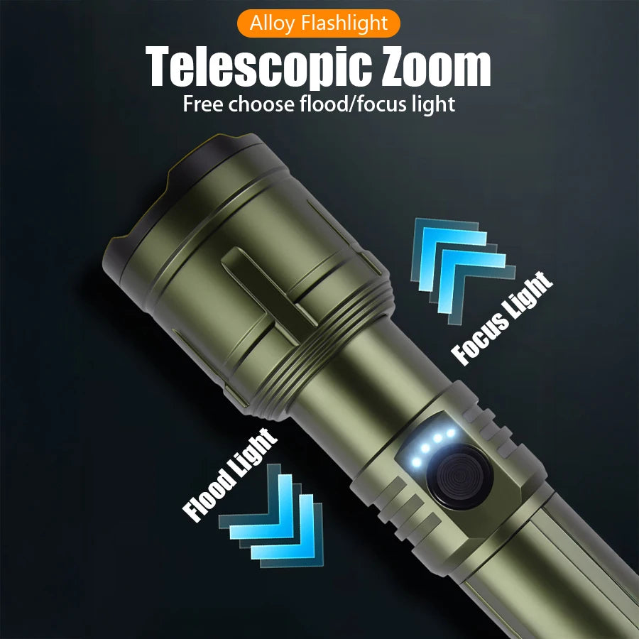 Super Bright Flashlight with Flame Ignition Type-C Rechargeable Outdoor Zoomable Aluminum Alloy Floodlight Camping Adventure