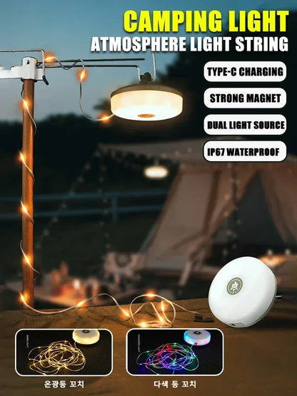 Camping String Lights Rechargeable LED Flashlight Hook lamp 4 in 1 Design 10m RGB Atmosphere Light Outdoor Waterproof Tent Light