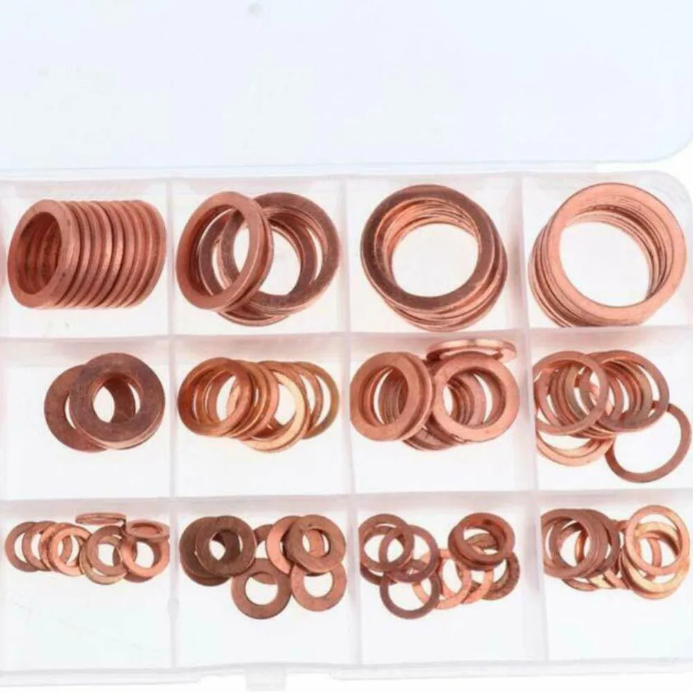 150PCS M5–M22 Copper Crush Washer Gasket Set — Flat Ring Seal Assortment Kit for Oil Pan &amp; Hydraulic Fittings