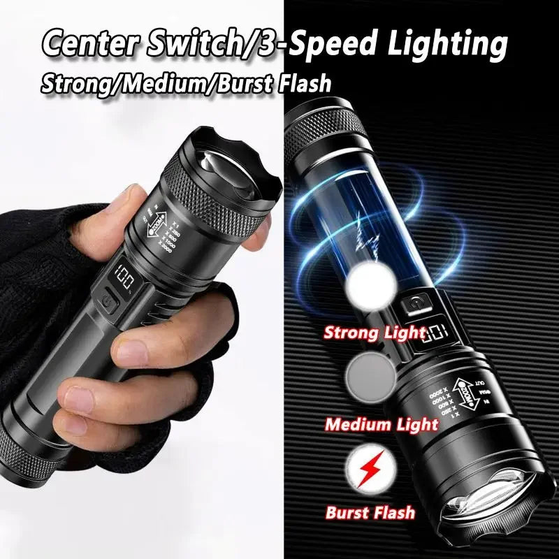 Ultra Bright LED Flashlight Battery Display Rechargeable Zoom Torch