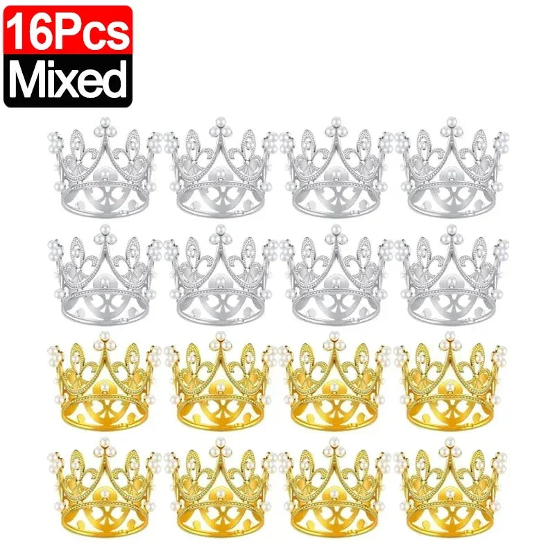 Mini Crown Cake Topper Pearl Tiara Gold Silver 20/1PCS