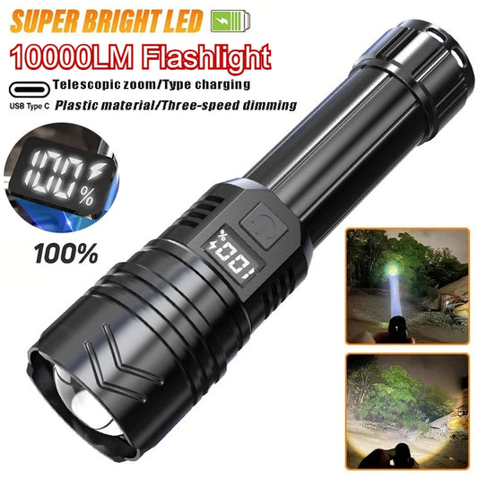 100000LM Powerful Led Flashlight Portable Type-C Rechargeable Tactical Torch Outdoor Waterproof Zoom Lantern for Camping Hiking