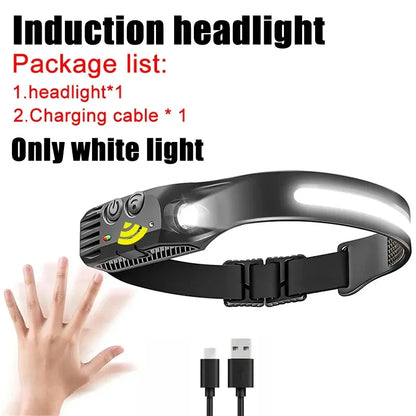 COB LED Headlamp USB Rechargeable Head Torch 5 Modes Built-in Battery