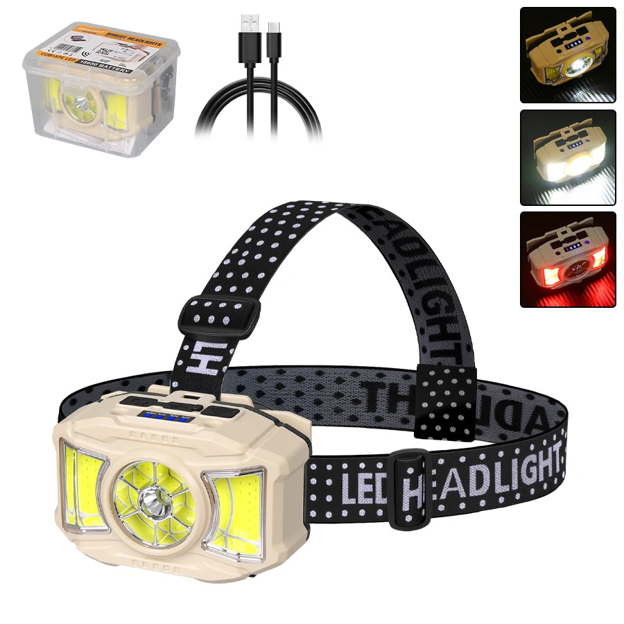 COB LED Induction Headlamp USB Rechargeable 5 Mode 18650 Headlight
