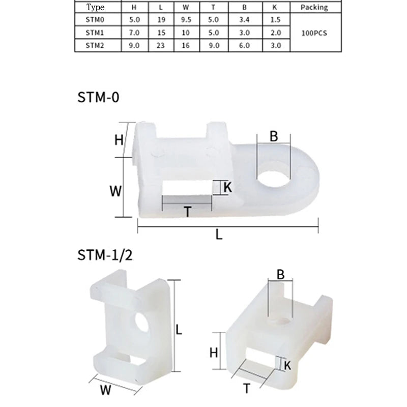 100Pcs/set Plastic Wire Cable Zip Tie Screw Fixing Mount Base Holder