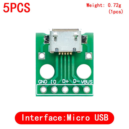 USB Male to DIP Adapter — Mini-B / Micro-B / Type-C / USB-A 2.0 / 3.0, PCB Breakout (2-Pack)