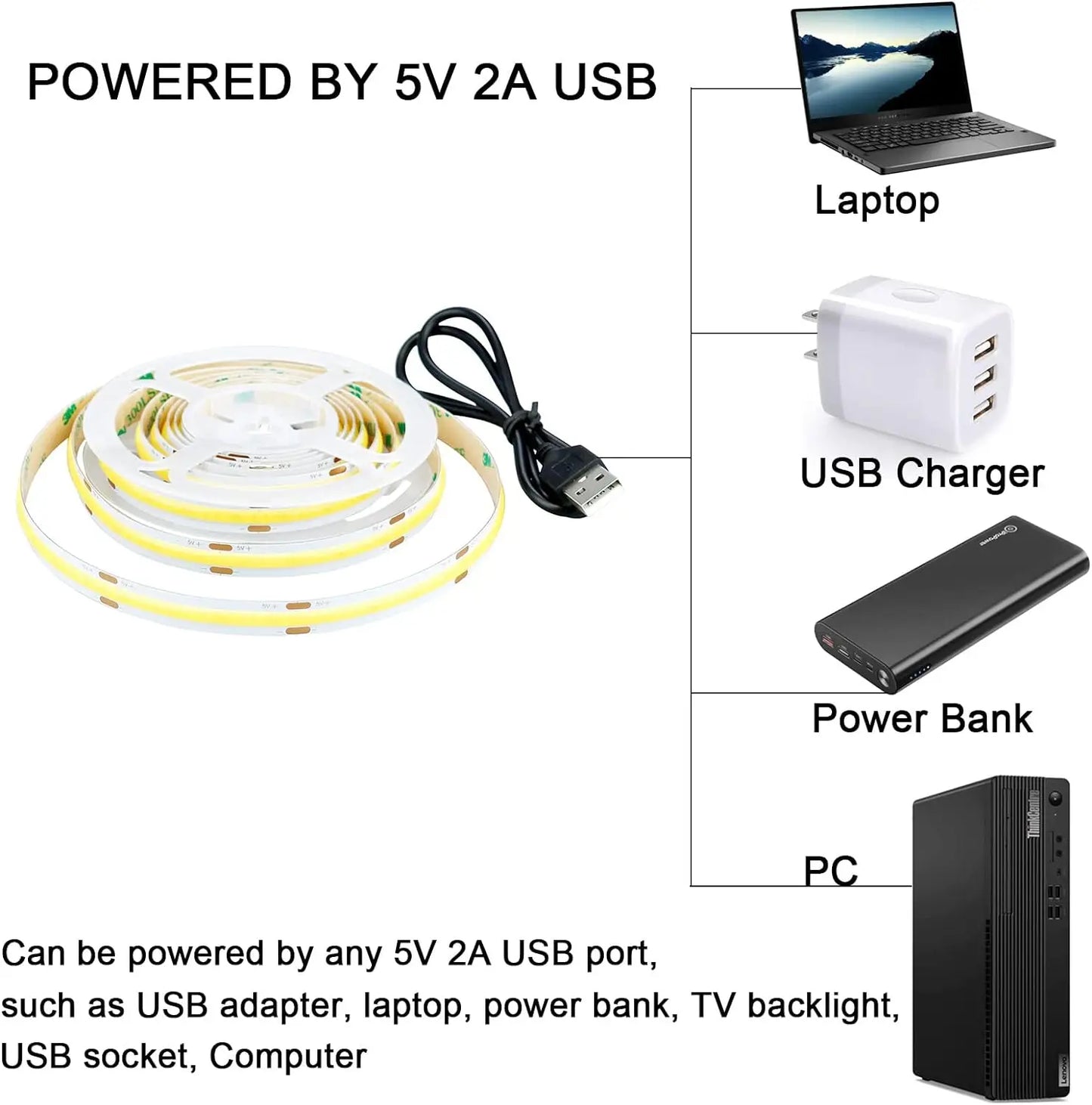 DC 5V USB COB Strip 320Leds/M White/Blue/Pink/Yellow/Pink/Red Flexible Ribbon Rope Night Lamp TV Backlight LED Strip