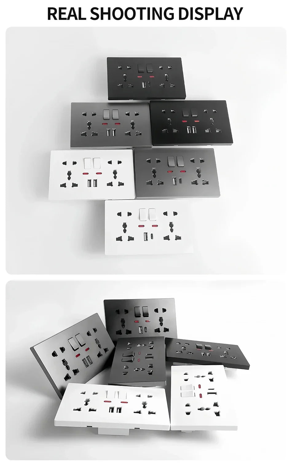 Universal Wall Socket 2-Gang Power Outlet with Switches, USB-C Charging Port, LED Indicator, Flush Mount, AC 110-250V
